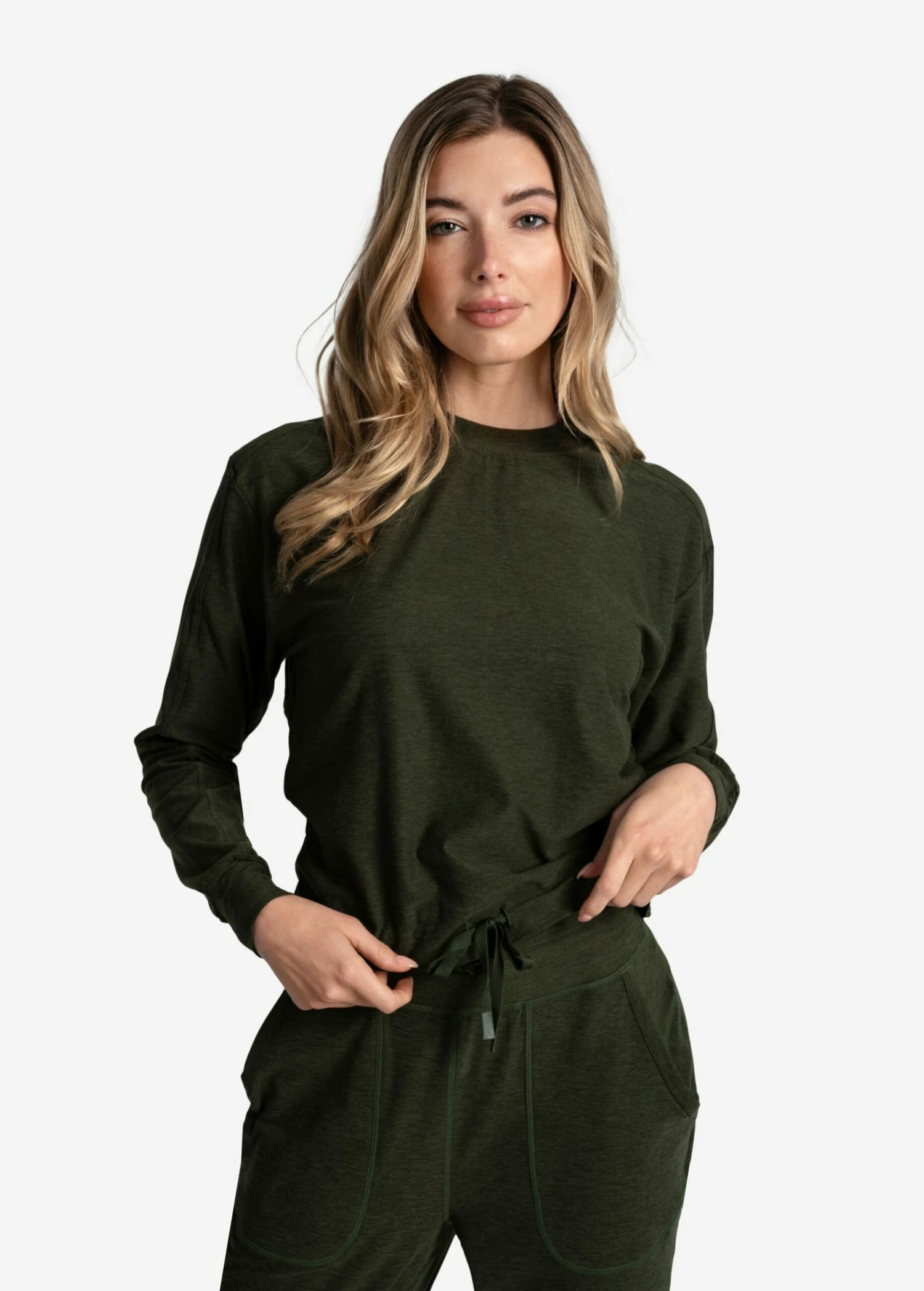 LOLE Om Tech Crew Neck Long Sleeve - Kombu Heather 3 LOLE Om Tech Crew Neck Long Sleeve - Kombu Heather